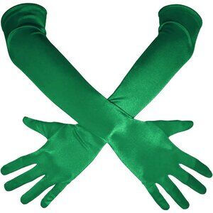 Women's Green Shiny Satin Long Gloves Elbow Length Wedding Dancing Party Tea